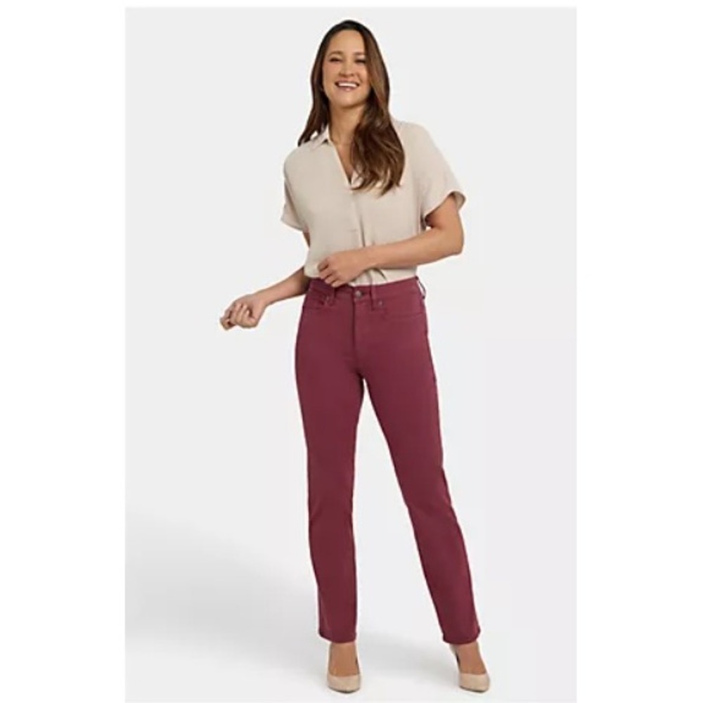 NYDJ Marilyn Straight Leg Pants Burgundy Red High Rise‎ Stretch Sateen Womens 10